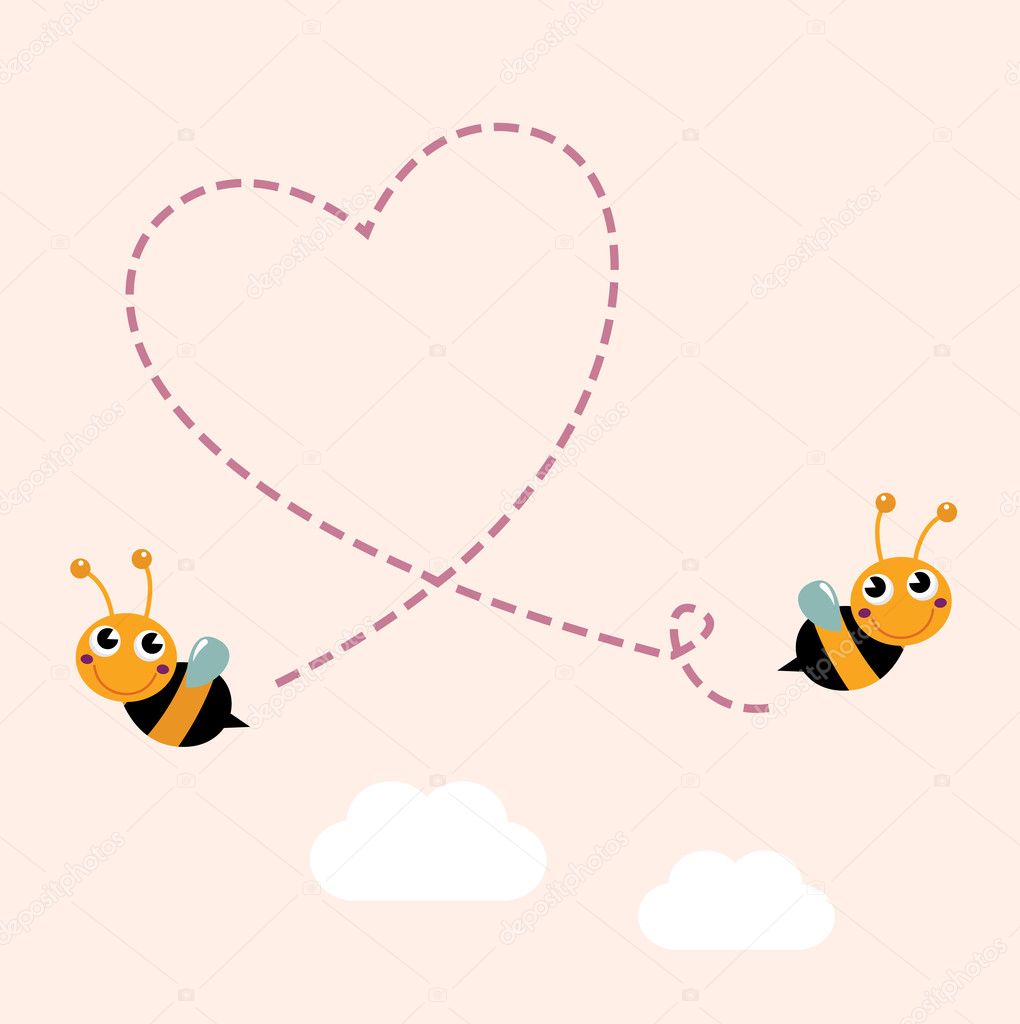 Flying bees making big love heart in the air