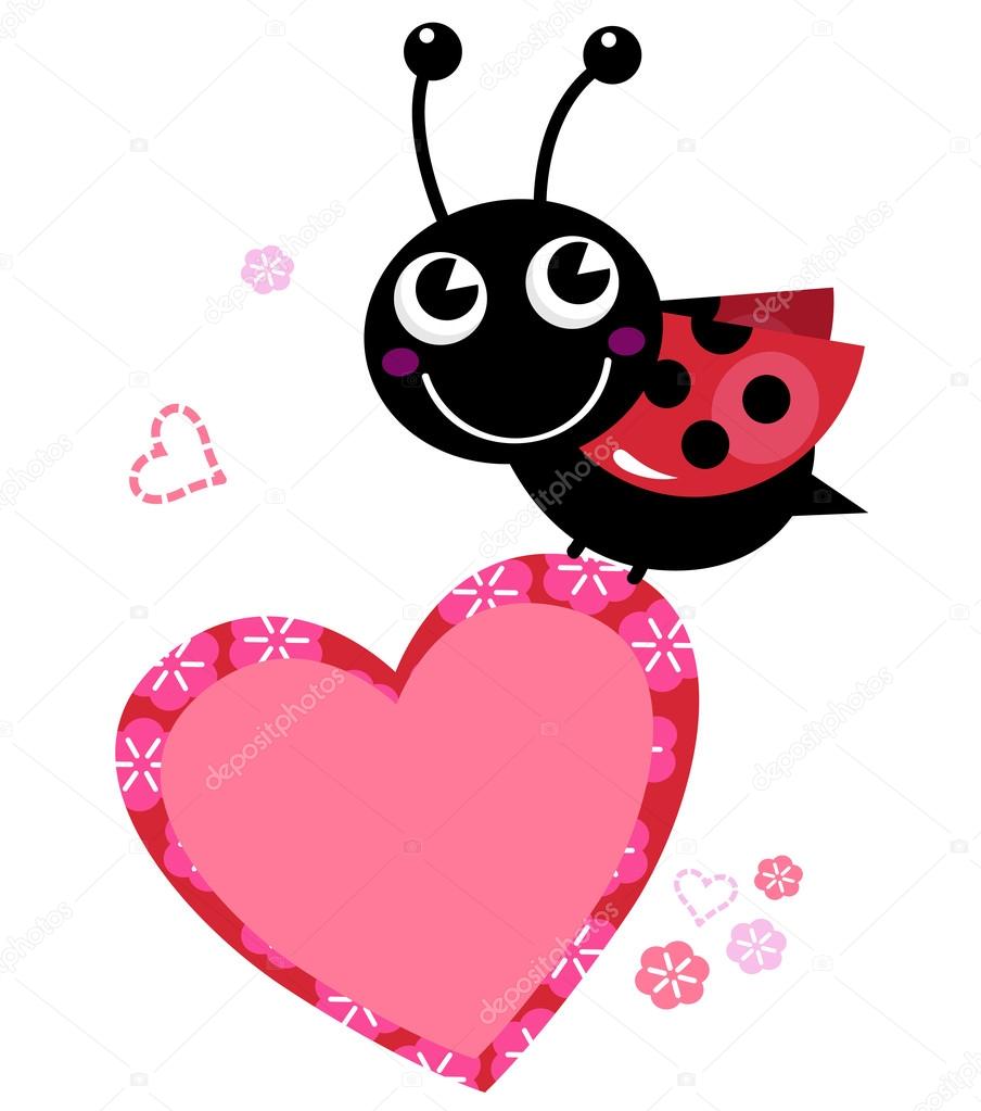 Cute flying Ladybug holding heart isolated on white
