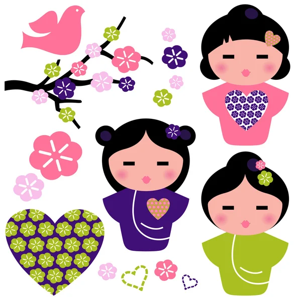 일본 게이 샤와 꽃 요소 집합 흰색 절연 사랑 — 스톡 벡터