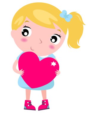 sevimli sarışın küçük sarışın kız pembe kalp üzerinde beyaz izole