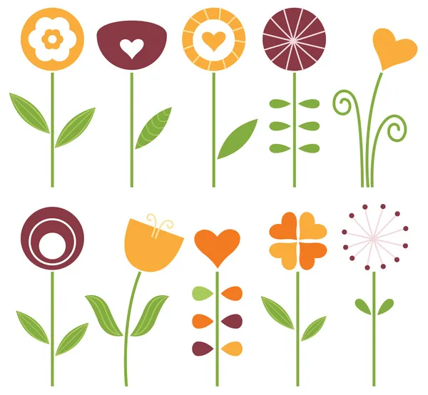 Retro cute spring flowers set isolated on white — Stock Vector