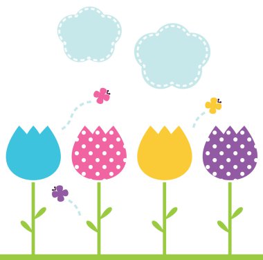 beyaz izole satırda renkli bahar laleler