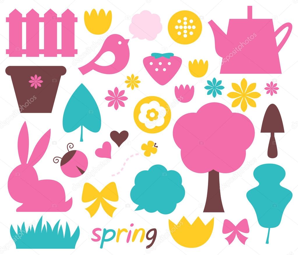 Cute spring and easter colorful design elements isolated on whit