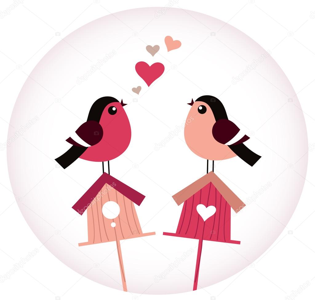 Cute Birds in love sitting on Birdhouses - retro vector
