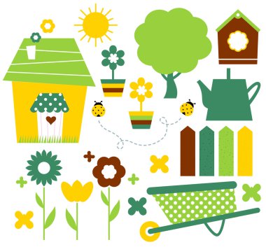 Bahar köy ve Bahçe seti üzerinde beyaz izole