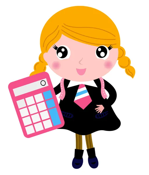 Hermosa chica rubia de la escuela con calculadora aislada en blanco — Vector de stock