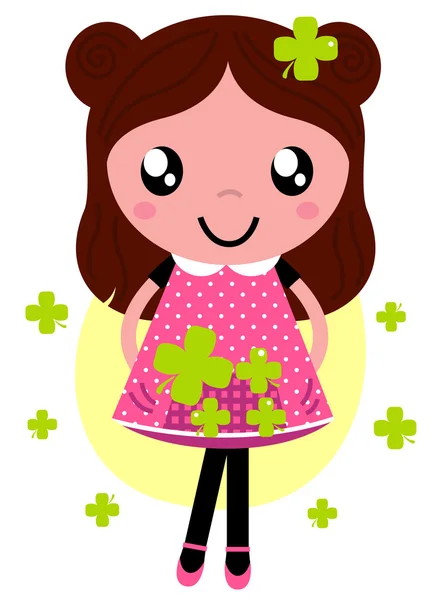 Cute little spring Girl with four leaf clovers — Stock Vector