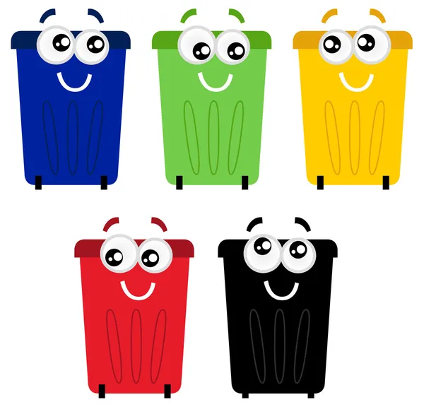 Engraçado colorido reciclar mascotes bin isolado em branco — Vetor de Stock