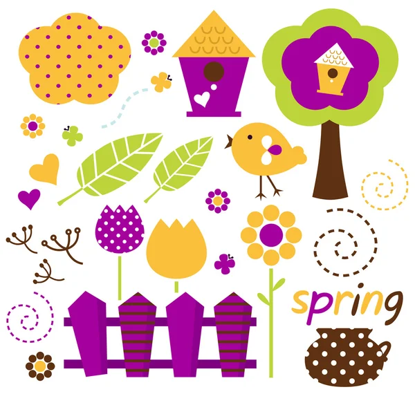 Cute spring garden vector set isolated on white ( retro ) — Stock Vector