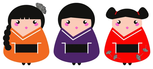 Lindo conjunto de geishas de colores aislados en blanco — Vector de stock