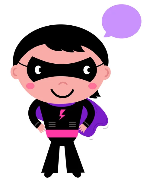 Cute superhero boy with speech bubble isolated on white — Stock Vector