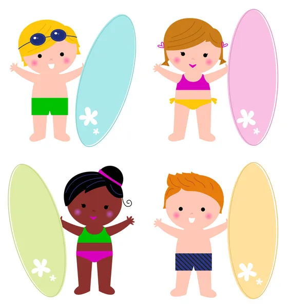 Lindos niños de verano con conjunto de surf aislado en blanco — Vector de stock