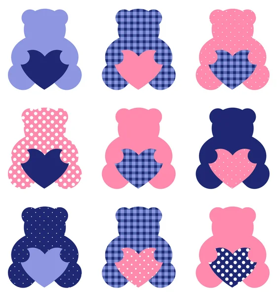 Mignon ensemble ours en peluche isolé sur blanc (rose et bleu  ) — Image vectorielle