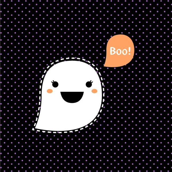 Lindo Kawaii Halloween Ghost aislado sobre fondo punteado negro — Vector de stock