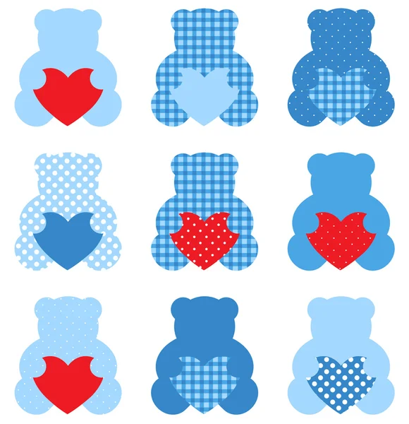 Roztomilý medvídek se srdcem izolovaným na bílém (modrý & červený ) — Stockový vektor