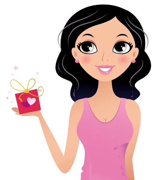 Happy Girl sosteniendo caja de regalo aislada en blanco — Vector de stock