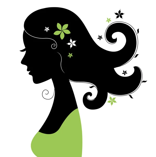 Vacker kvinna siluett med blommor i håret — Stock vektor