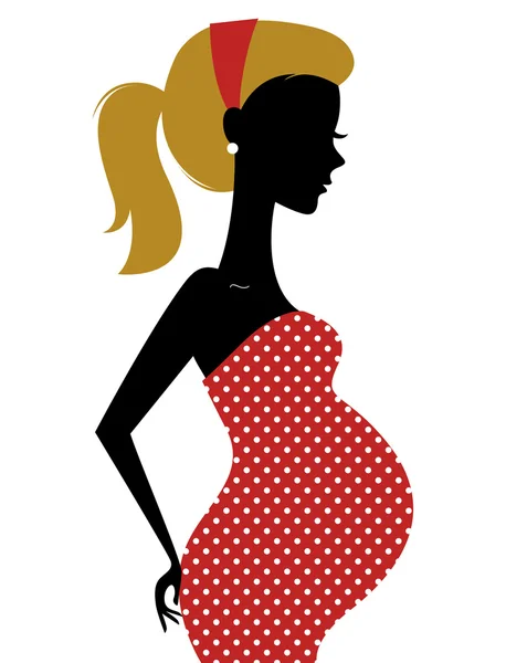 Retro pregnant woman in dotted dress isolated on white — Stock Vector