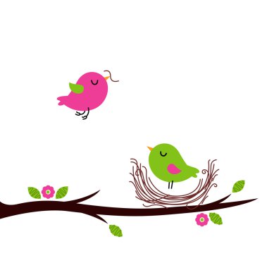 Cute spring nesting birds isolated on white clipart