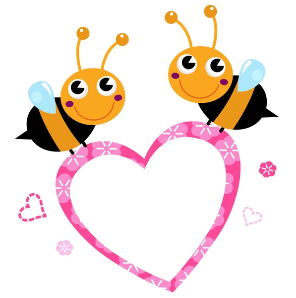 핑크 사랑 마음 흰색 절연 귀여운 비행 꿀벌 — 스톡 벡터