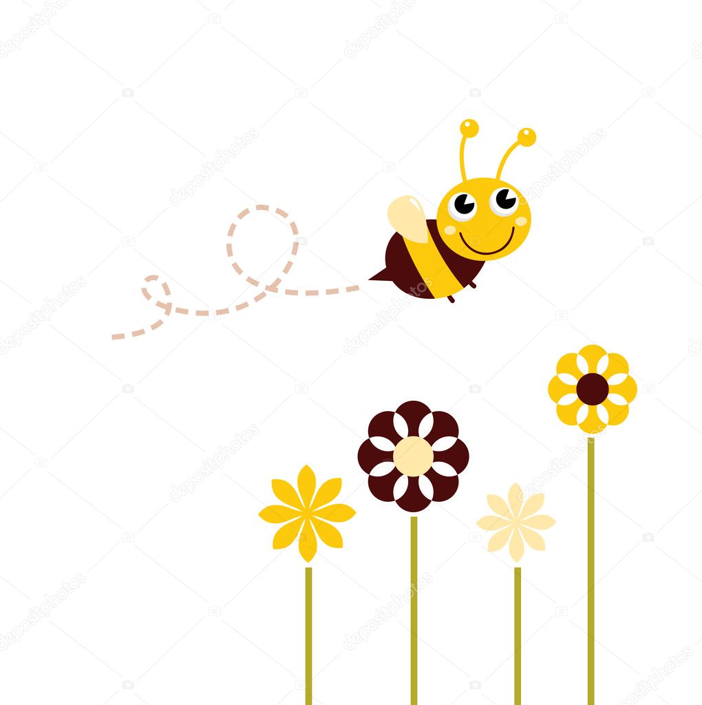 Cute flying Bee with flowers isolated on white