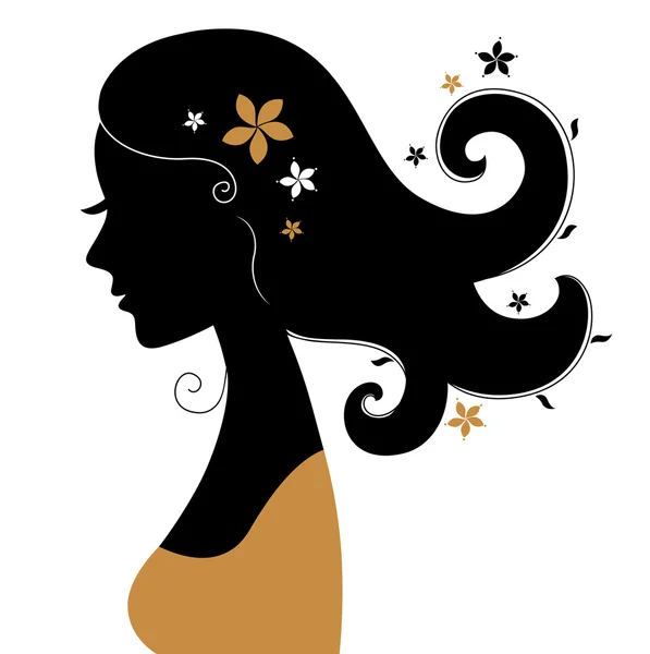 Silueta de mujer retro con flores en el pelo — Vector de stock