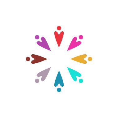 Kalp şeklinde renkli insanlar birlikte Clipart logosu beyaza izole edilmiş.