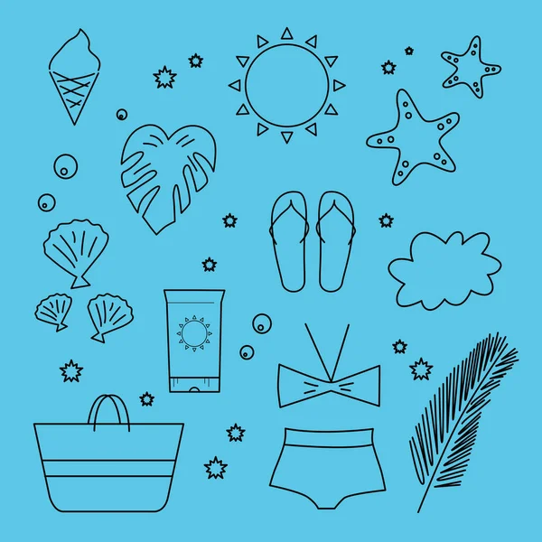 Summer Day Line Art Design Elements Isolated Blue — 图库矢量图片