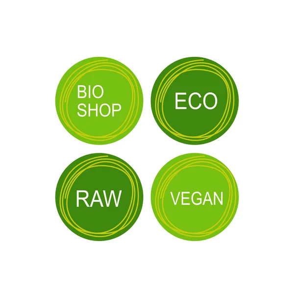Bio Shop Eco Raw Vegan Circle Green Labels Isolated White — Stock vektor