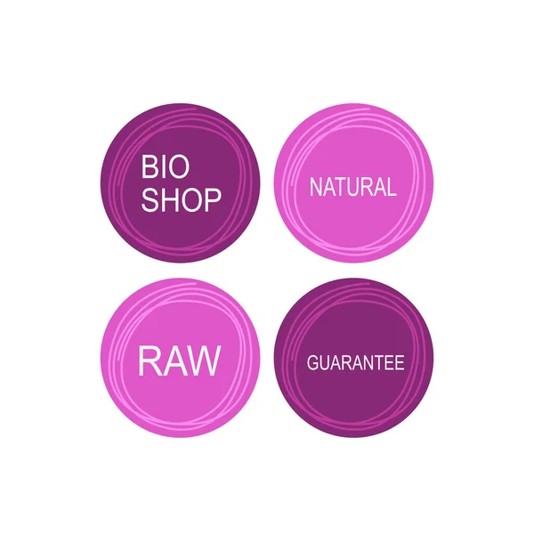 Bio Shop Natural Raw Quarantee Pink Labels Isolated White — Stock Vector