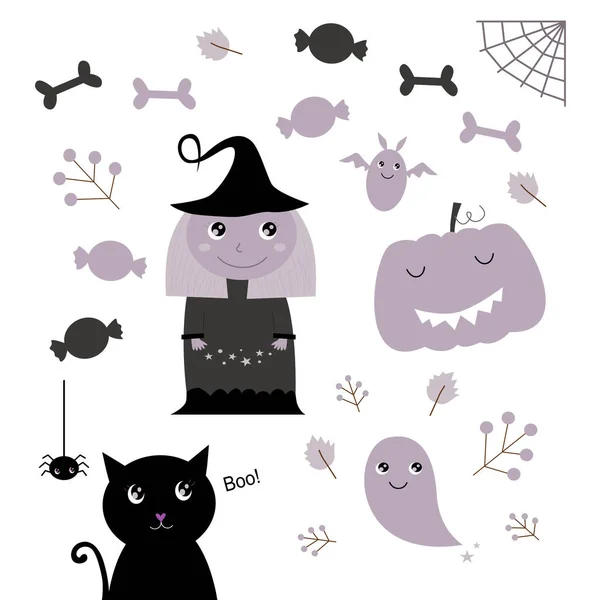 Elementos Diseño Gris Negro Halloween Aislados Blanco — Archivo Imágenes Vectoriales