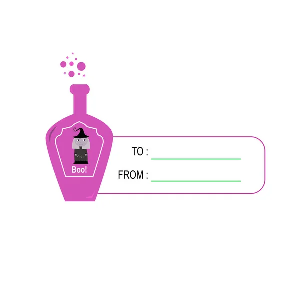 Tag Etikett Isolerad Vitt Halloween Häxan Rosa Flaska — Stock vektor