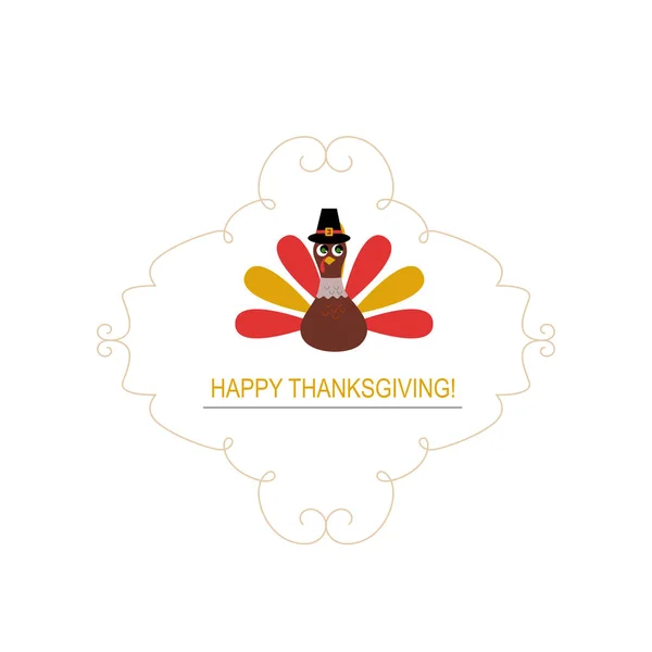 Turquie Mignonne Pour Thanksgiving Dans Cadre Ornemental Isolé Sur Blanc — Image vectorielle