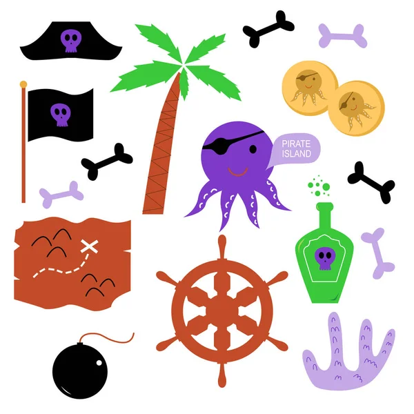 Octopus Pirate Island Kids Design Elements Isolated White — Stock Vector