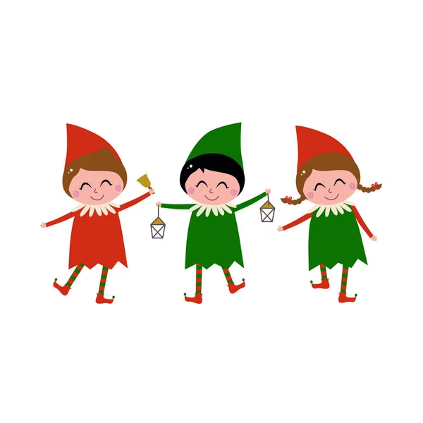 Cute Xmas Elves Vector Illustration Isolated White — Stock Vector