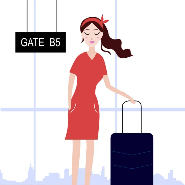 Havaalanındaki Vector Illustration Yanında Bir Kadın Vardı — Stok Vektör
