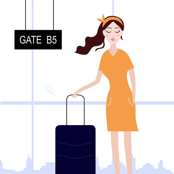 Vrouw Met Bagage Luchthaven Vector Illustratie Geïsoleerd Wit — Stockvector