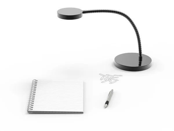 Notebook , ballpoint pen and paperclips on desk — Stock Photo, Image