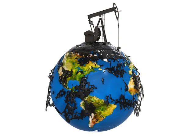 Насос і нафта розливаються над землею планети — стокове фото