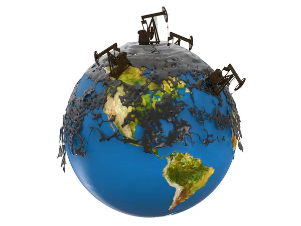 Pump jacks and oil spill over planet earth — Stock Photo, Image