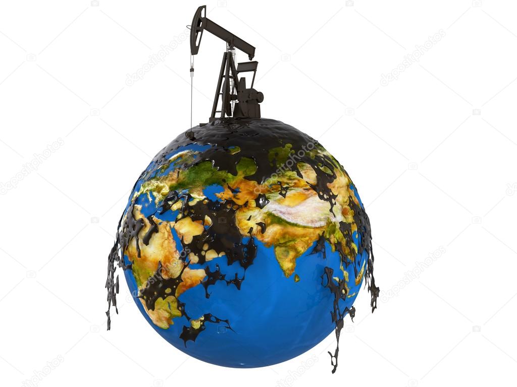 Pump jack and oil spill over planet earth