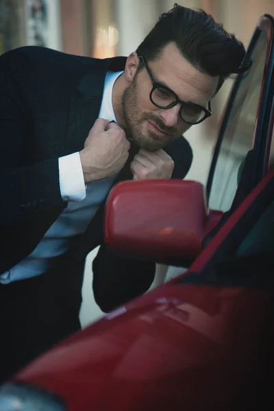 Handsome Gentleman Suit Bow Tie Shirt Glasses Looking Car Mirror — Stock Photo, Image