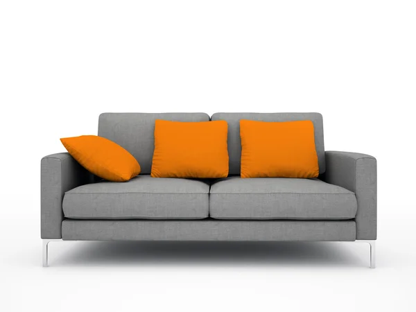 白い背景上に分離されてオレンジ色の枕と近代的なグレーのソファー — ストック写真