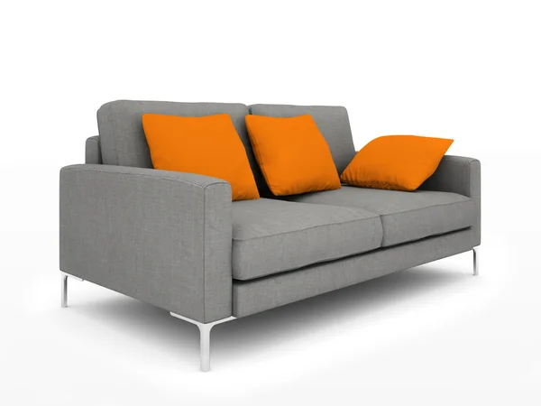 Moderne grijze bank met oranje kussens geïsoleerd op een witte pagina — Stockfoto