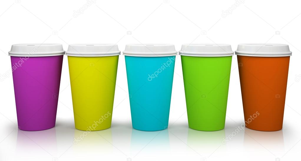 Five paper cups of coffee isolated on white background illustrat