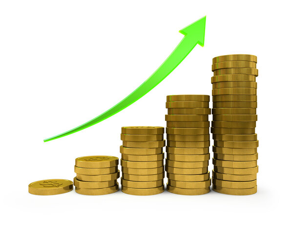 Business Graph with arrow and coins showing profits and gains