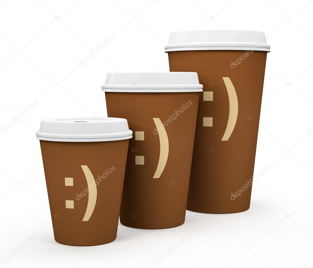 Paper cups of coffee isolated on white background illustration