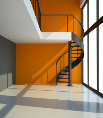 Empty room with staircase and orange wall clipart