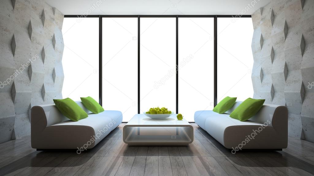 modern interior with two sofas and concrete wall panels