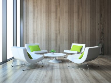 Dört koltuk ve kahve tablo 3B oluşturma ile modern bir iç